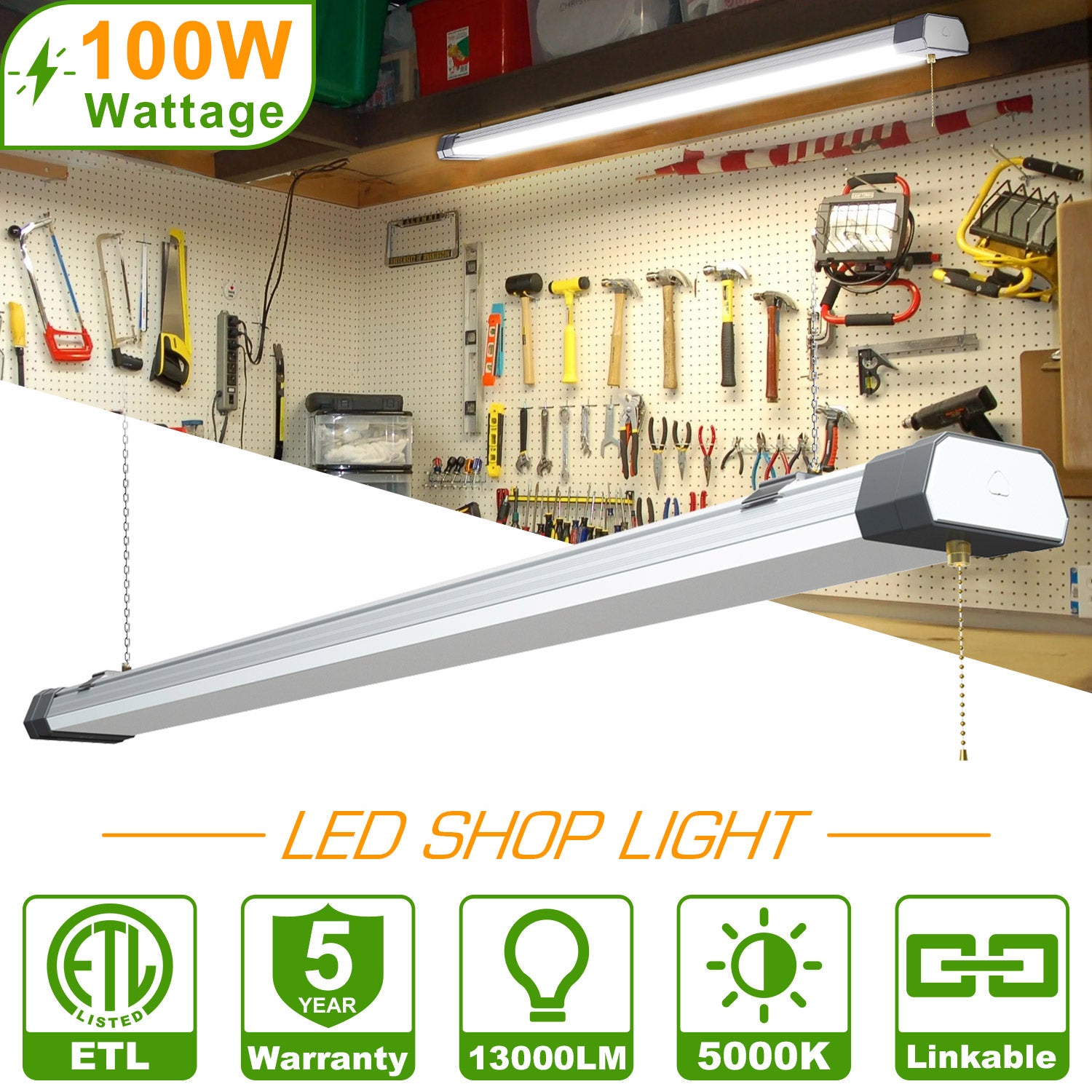 100W Linkable LED Shop Light | 4FT 13000LM 5000K | With Plug | 120V LED Garage Ceiling Workshop Light | ON/Off Pull Chain | Suspended & Flush Mount - Eco LED Lightings 