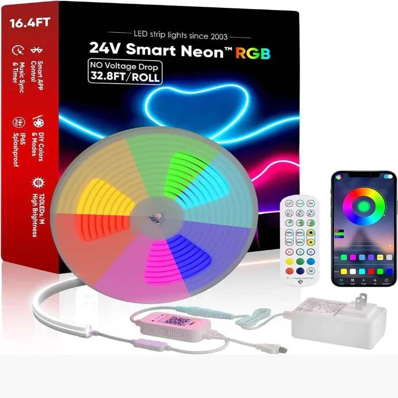 24V Smart RGB LED Neon Rope Light (10.7W/Meter, 120LEDs/Meter) - IP65, Music Sync & Timer, ETL-CE-RoHS Certified - Eco LED Lightings 